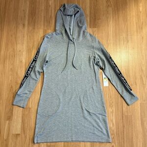 NEW Calvin Klein Logo Tape Hooded Sweatshirt Dress - Gray - Medium